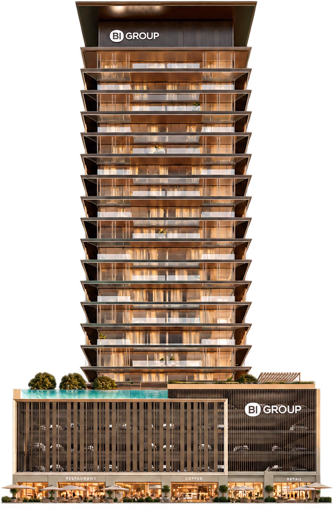 The tower: residences on levels 2 to 18 above a three-level podium, the pool deck on its roof and shops on the ground floor